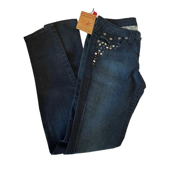 True Religion Women's Blue Studs Rhinestone Becky Flap Pocket Denim Jean Size 31 - Picture 1 of 5